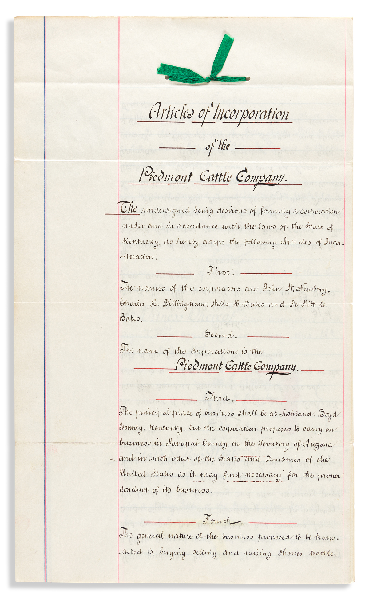 (WEST--ARIZONA.) Articles of Incorporation of the Piedmont Cattle Company.